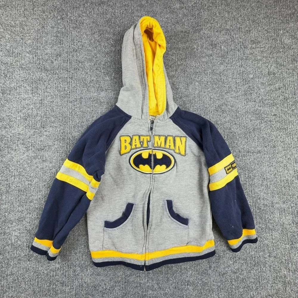 Batman Hoodie Sweatshirt Unisex Kids 6 Gray Navy Fleece Full Zip Logo Graphic